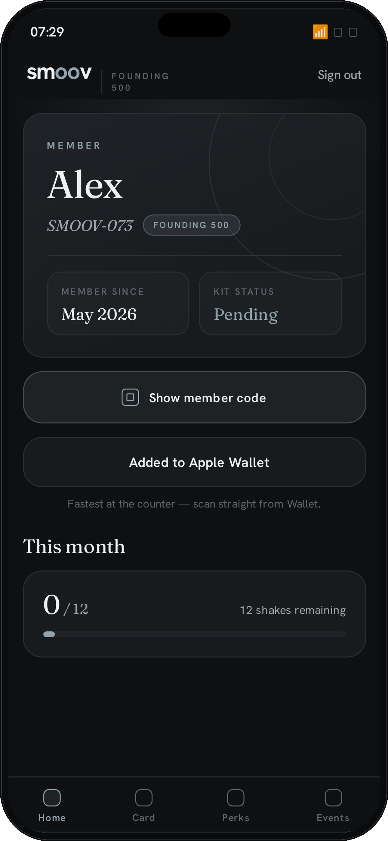 Member card with Apple Wallet button and monthly Smoovs progress