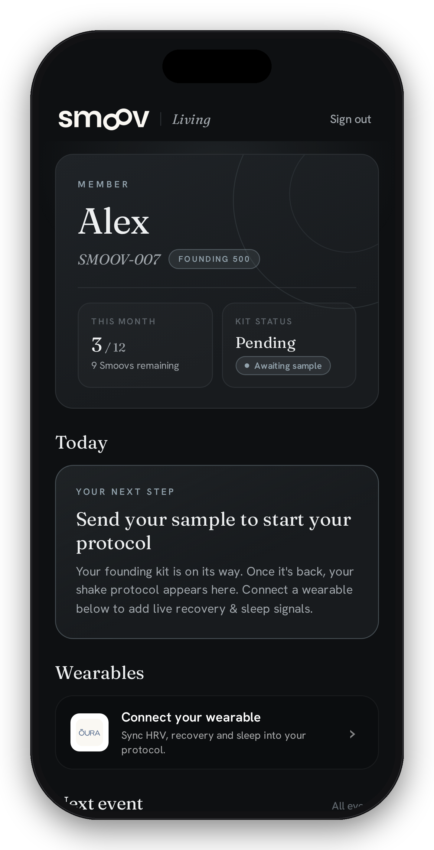 LIVING. app home screen, today's signal, drinks, and kit status